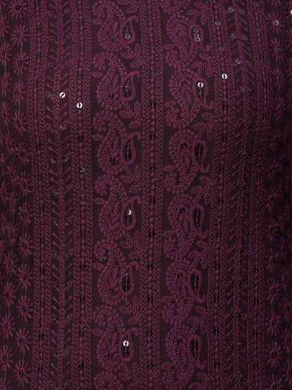Chikankari Embroidered Straight Kurta - Deep Wine