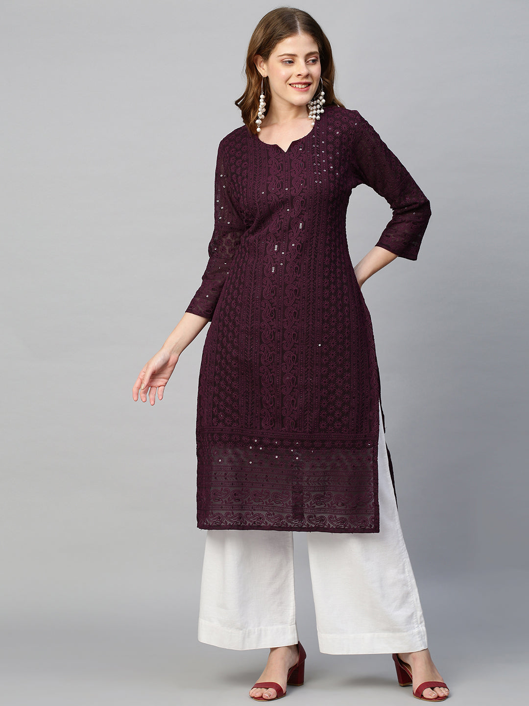 Chikankari Embroidered Straight Kurta - Deep Wine