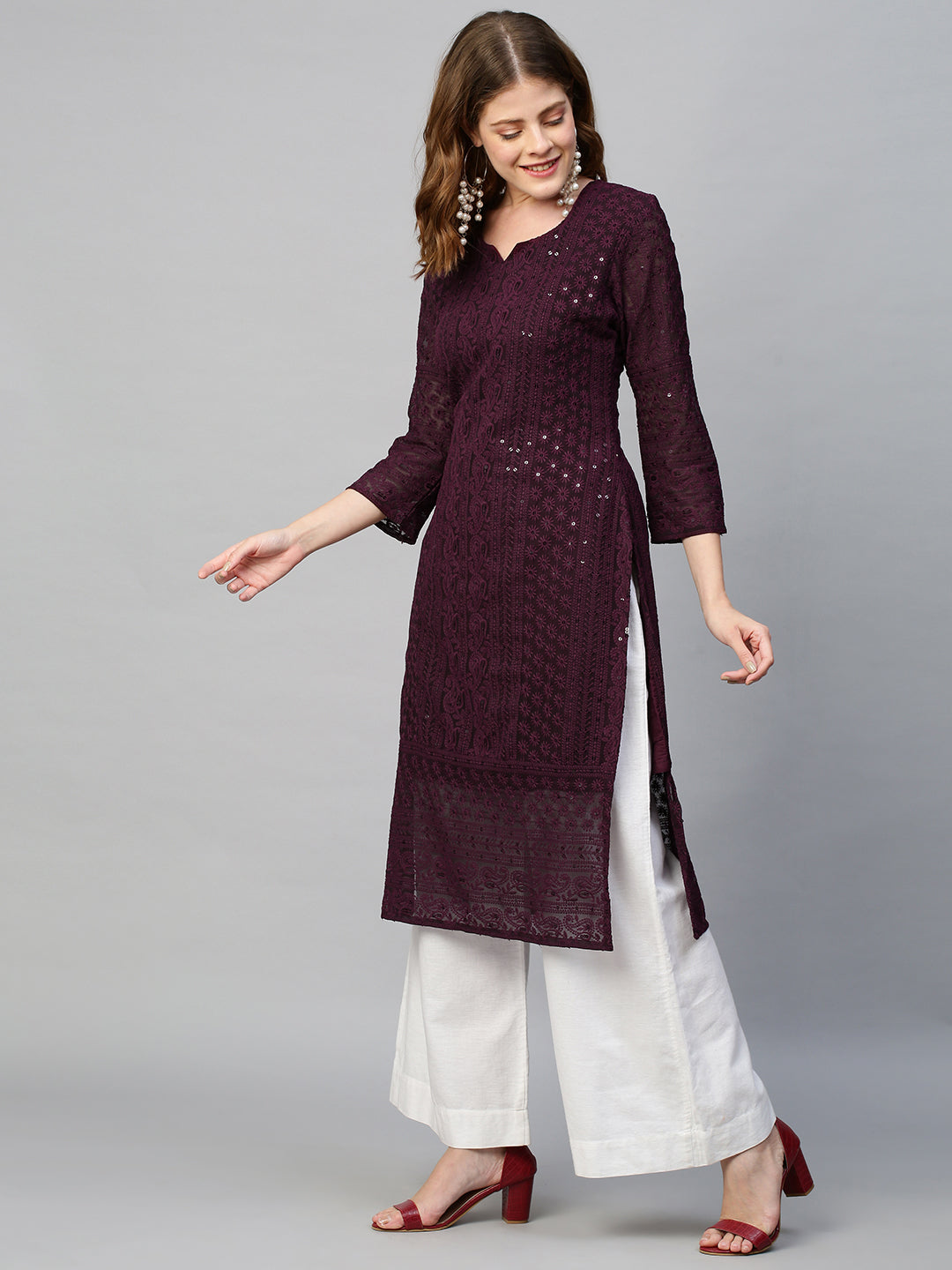 Chikankari Embroidered Straight Kurta - Deep Wine