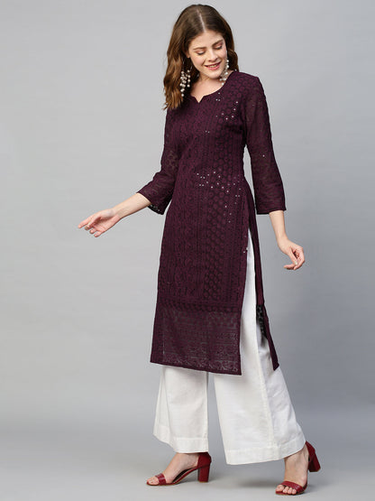 Chikankari Embroidered Straight Kurta - Deep Wine