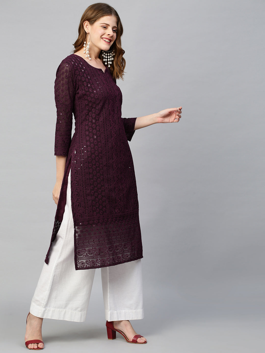 Chikankari Embroidered Straight Kurta - Deep Wine