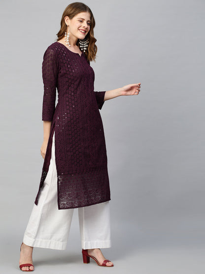 Chikankari Embroidered Straight Kurta - Deep Wine