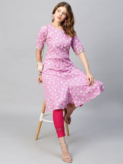 Sequin Embroidered Floral Printed A-Line Kurta - Fuchsia Pink