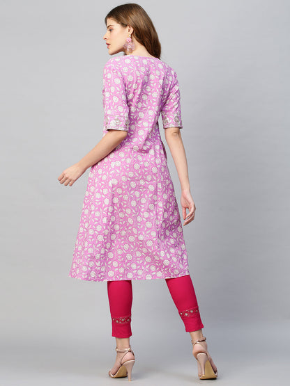 Sequin Embroidered Floral Printed A-Line Kurta - Fuchsia Pink