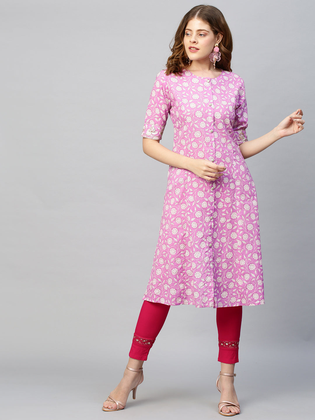 Sequin Embroidered Floral Printed A-Line Kurta - Fuchsia Pink