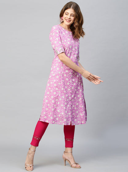 Sequin Embroidered Floral Printed A-Line Kurta - Fuchsia Pink