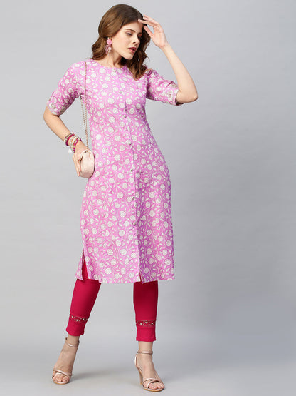 Sequin Embroidered Floral Printed A-Line Kurta - Fuchsia Pink