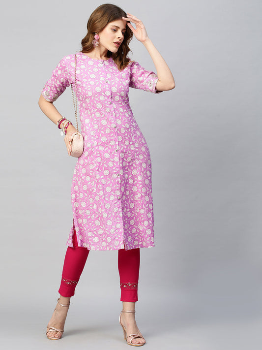Sequin Embroidered Floral Printed A-Line Kurta - Fuchsia Pink