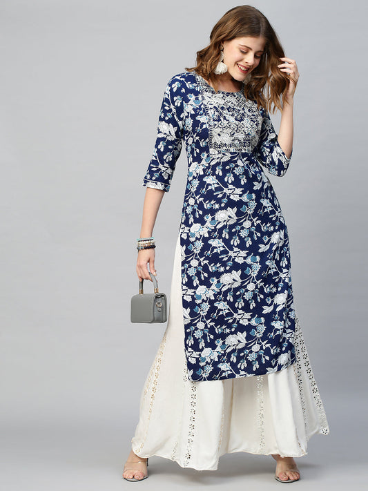 Zari Embroidered Floral Printed Straight Fit Kurta - Dark Blue