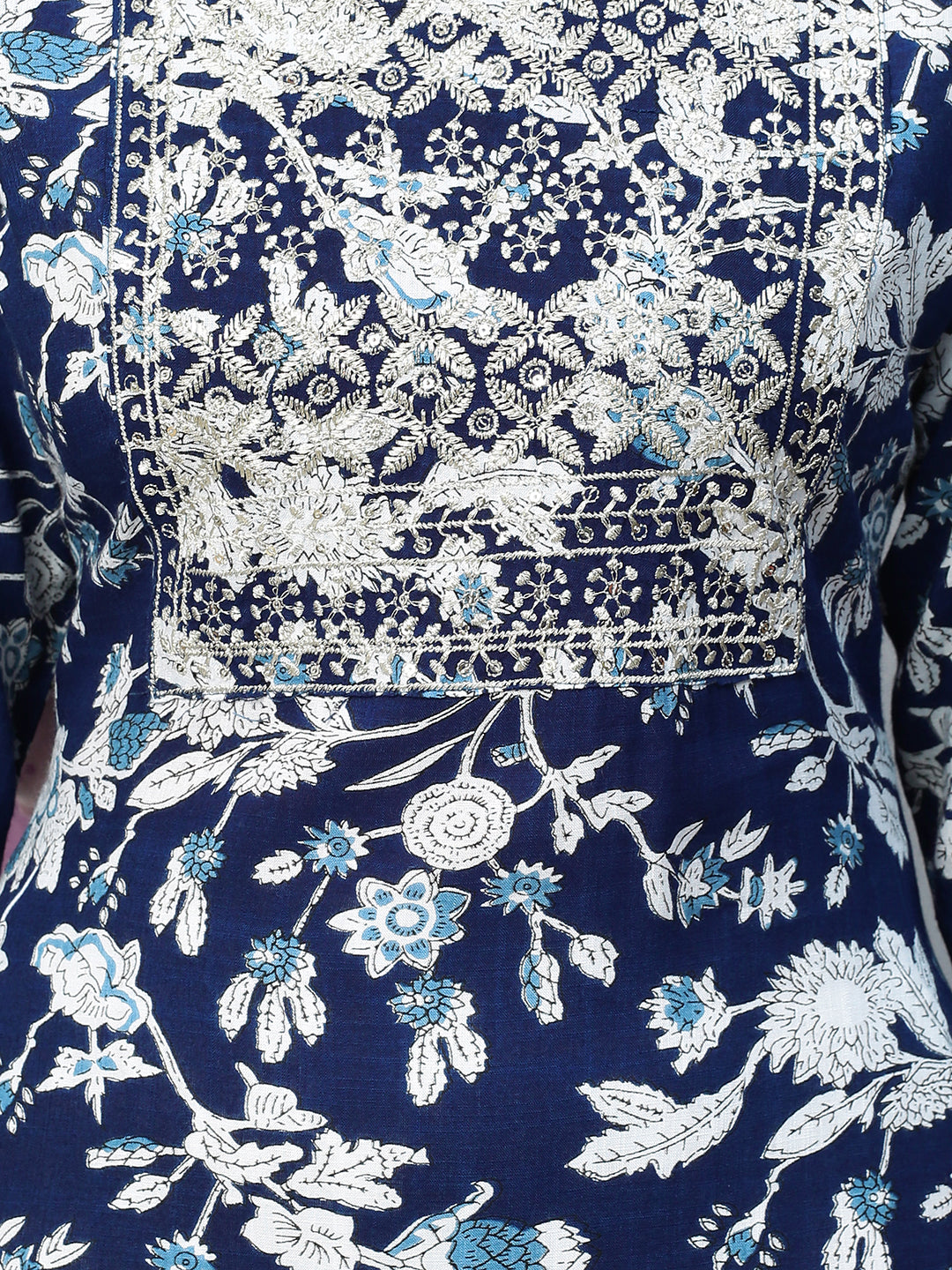 Zari Embroidered Floral Printed Straight Fit Kurta - Dark Blue