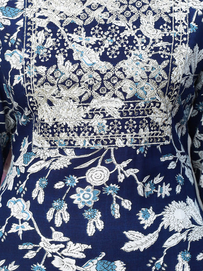 Zari Embroidered Floral Printed Straight Fit Kurta - Dark Blue