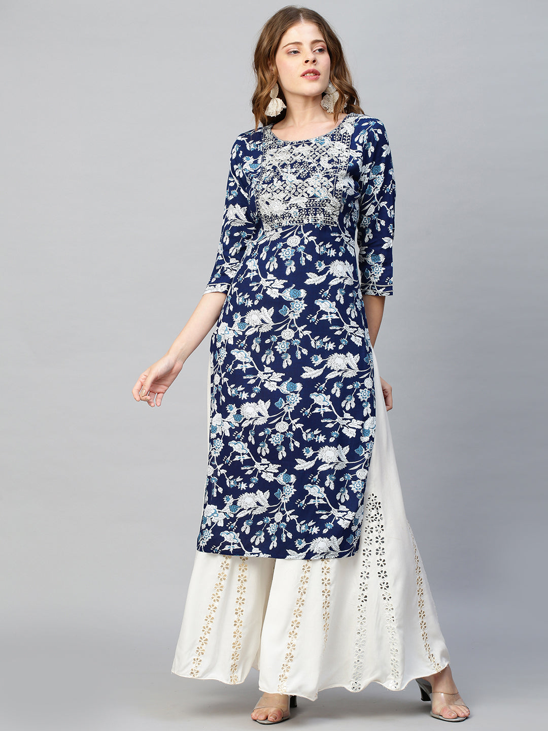 Zari Embroidered Floral Printed Straight Fit Kurta - Dark Blue