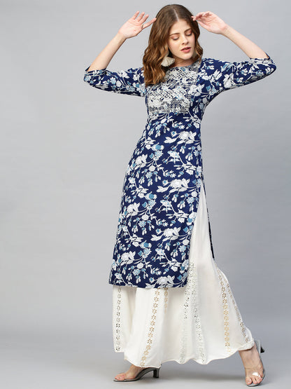 Zari Embroidered Floral Printed Straight Fit Kurta - Dark Blue