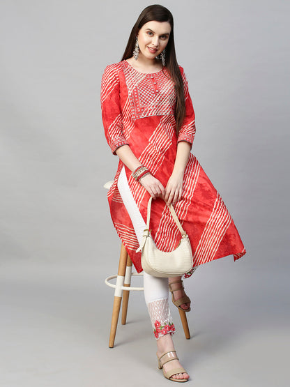 Sequin Embroidered Leheriya Printed Straight Kurta - Red