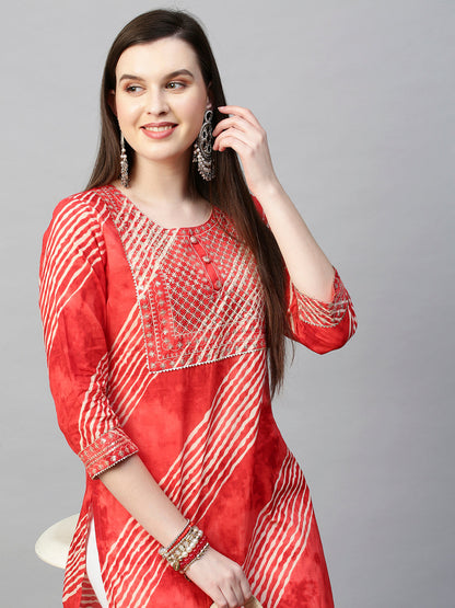 Sequin Embroidered Leheriya Printed Straight Kurta - Red