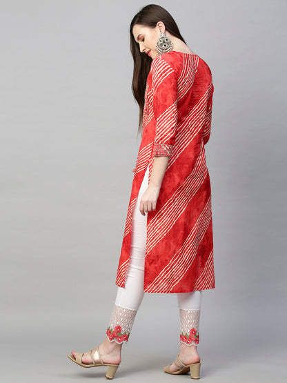 Sequin Embroidered Leheriya Printed Straight Kurta - Red
