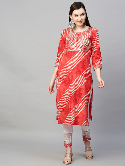 Sequin Embroidered Leheriya Printed Straight Kurta - Red