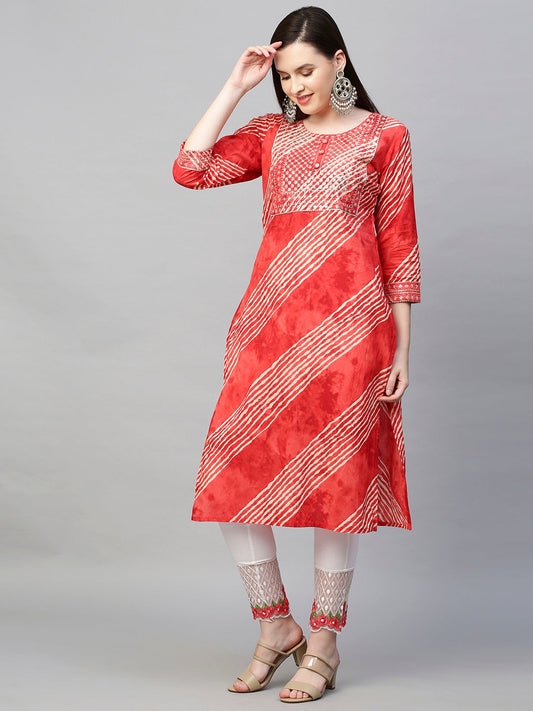 Sequin Embroidered Leheriya Printed Straight Kurta - Red
