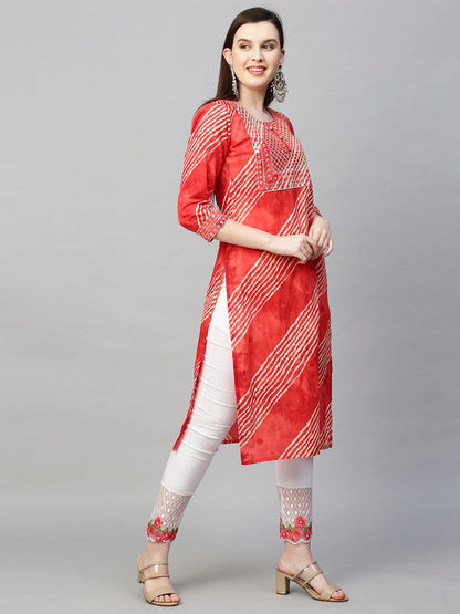 Sequin Embroidered Leheriya Printed Straight Kurta - Red