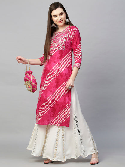 Sequin Embroidered Leheriya Printed Straight Kurta - Hot Pink