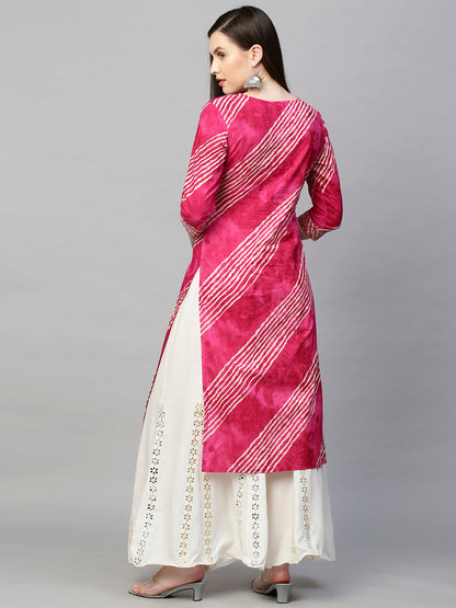Sequin Embroidered Leheriya Printed Straight Kurta - Hot Pink