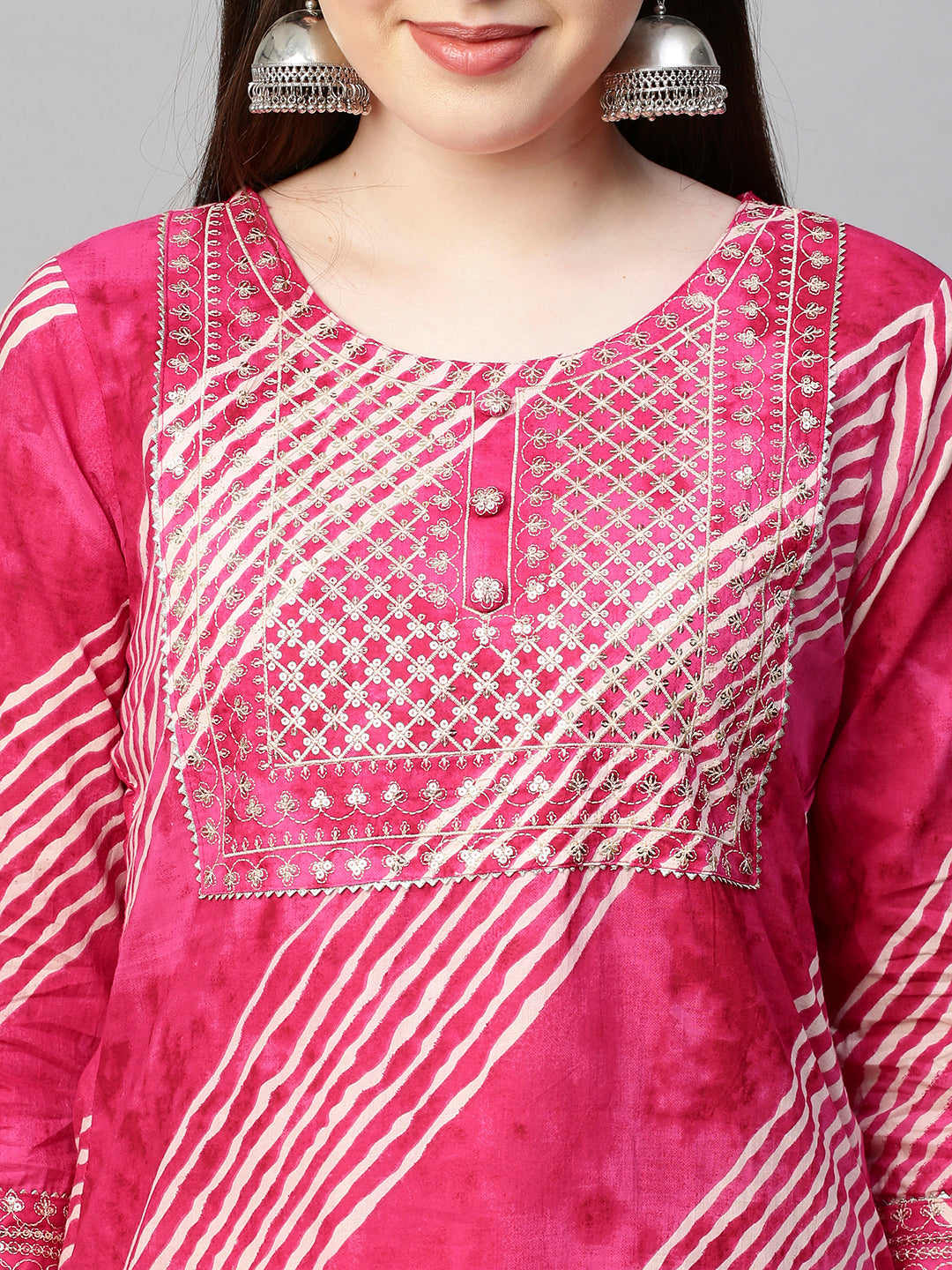 Sequin Embroidered Leheriya Printed Straight Kurta - Hot Pink