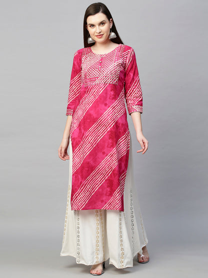 Sequin Embroidered Leheriya Printed Straight Kurta - Hot Pink