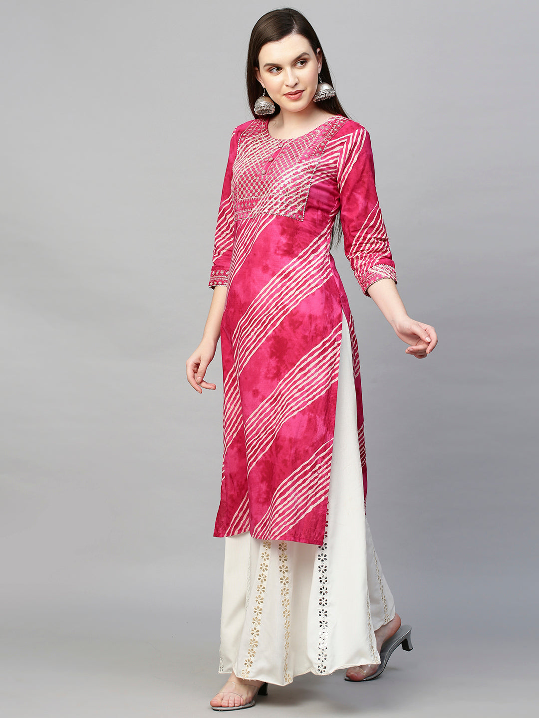 Sequin Embroidered Leheriya Printed Straight Kurta - Hot Pink