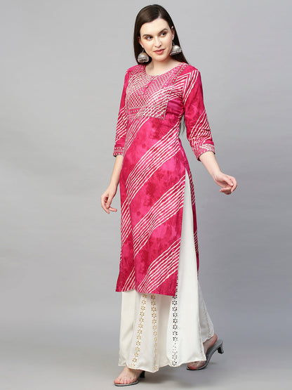 Sequin Embroidered Leheriya Printed Straight Kurta - Hot Pink