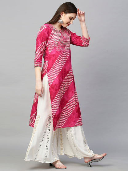 Sequin Embroidered Leheriya Printed Straight Kurta - Hot Pink