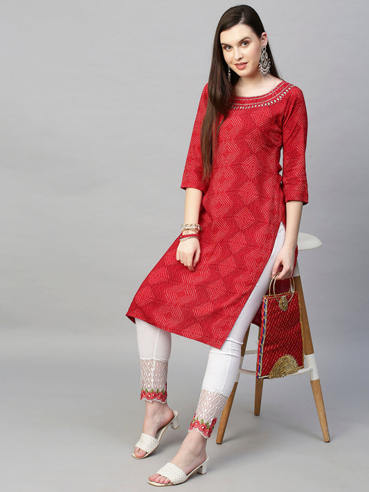 Mirror Embroidered Bandhej Printed Straight Kurta - Red