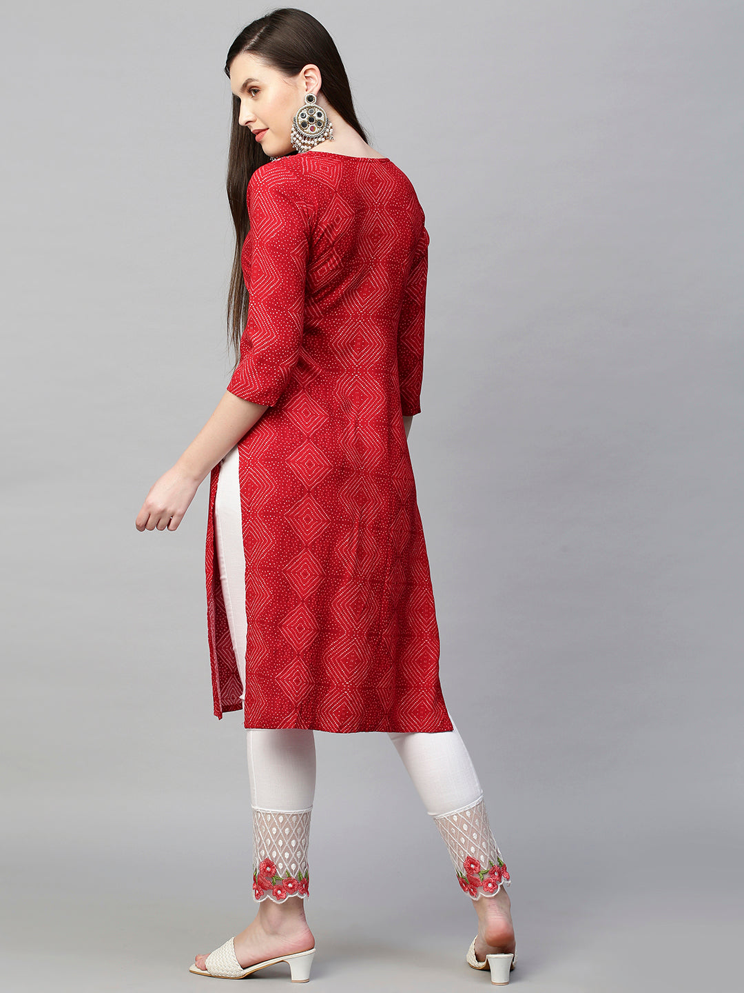 Mirror Embroidered Bandhej Printed Straight Kurta - Red