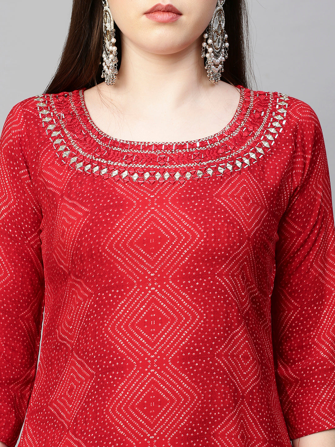 Mirror Embroidered Bandhej Printed Straight Kurta - Red