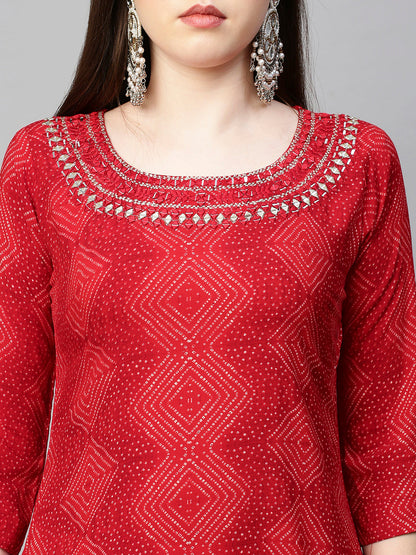 Mirror Embroidered Bandhej Printed Straight Kurta - Red