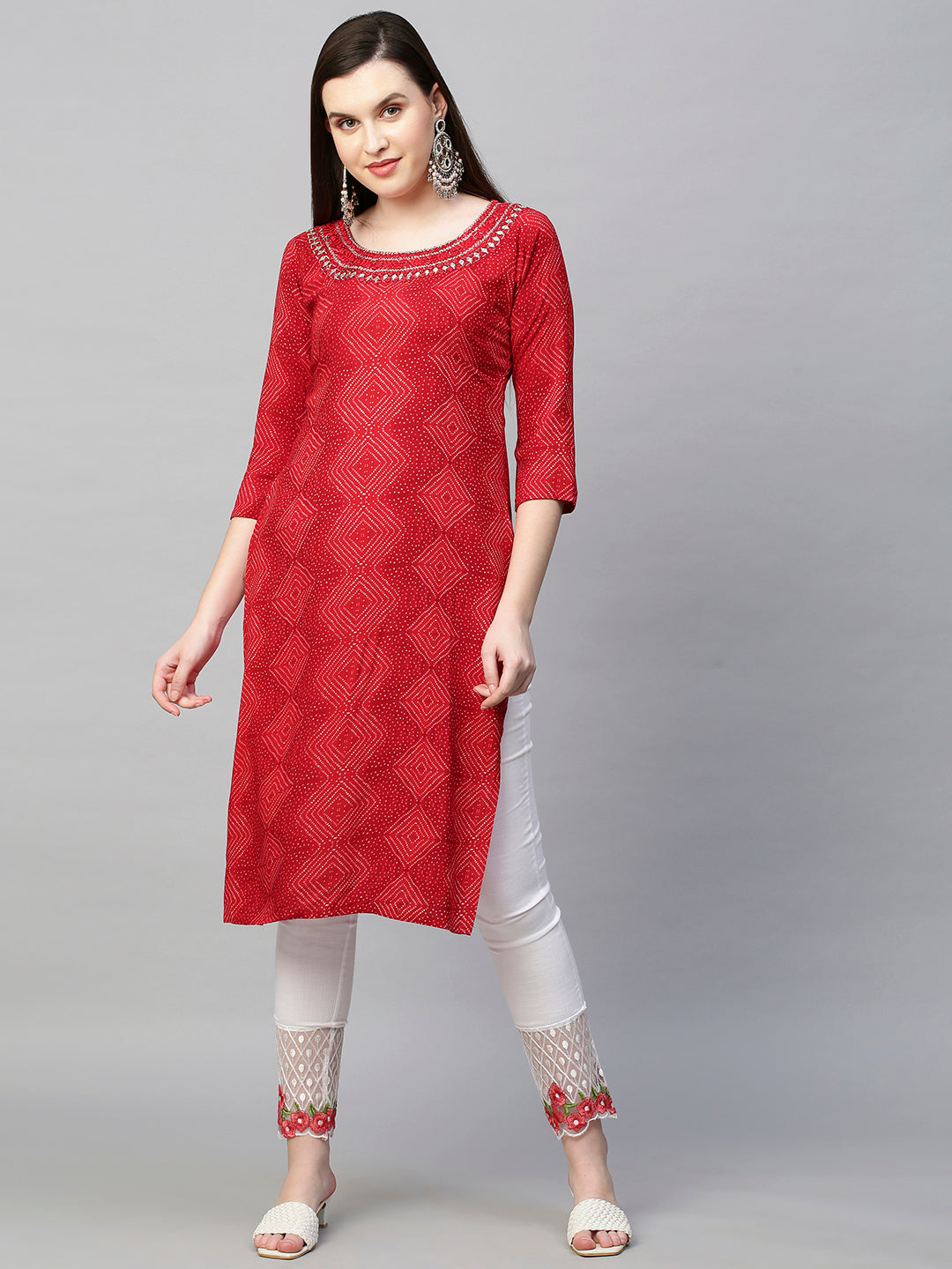 Mirror Embroidered Bandhej Printed Straight Kurta - Red