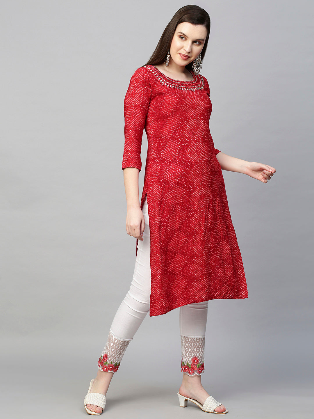 Mirror Embroidered Bandhej Printed Straight Kurta - Red