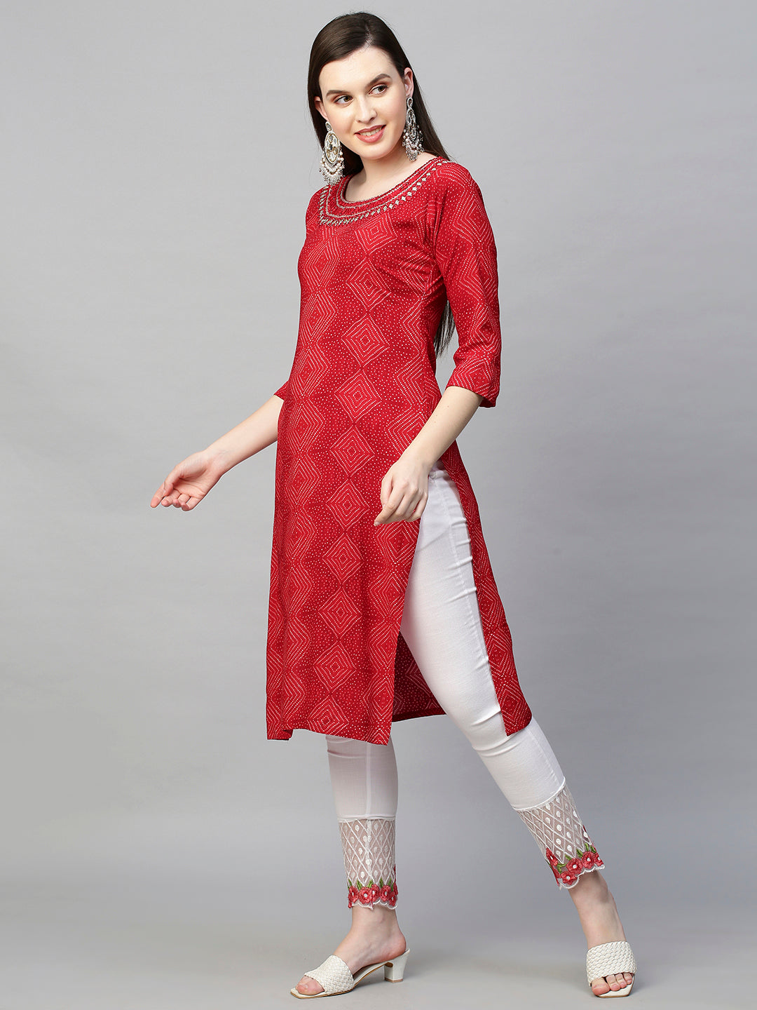 Mirror Embroidered Bandhej Printed Straight Kurta - Red