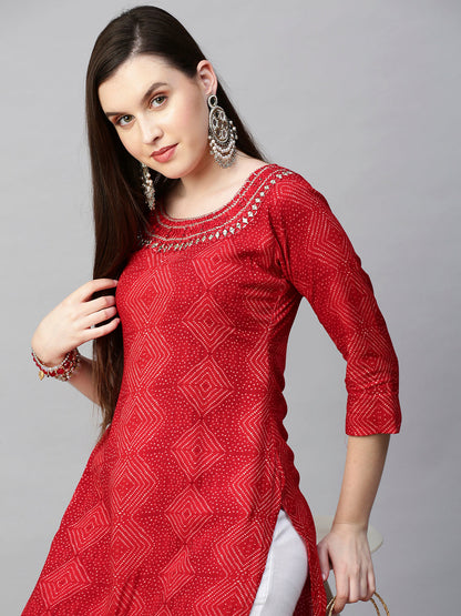 Mirror Embroidered Bandhej Printed Straight Kurta - Red