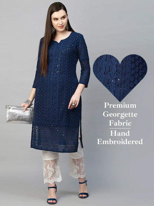 Chikankari Embroidered Straight Kurta - Dark Blue