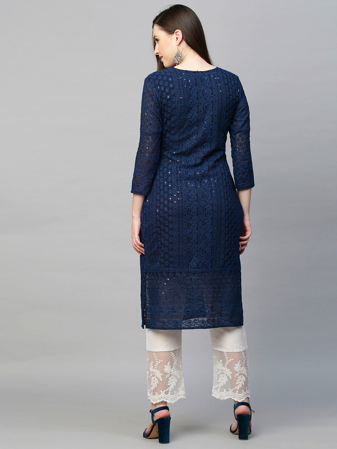 Chikankari Embroidered Straight Kurta - Dark Blue