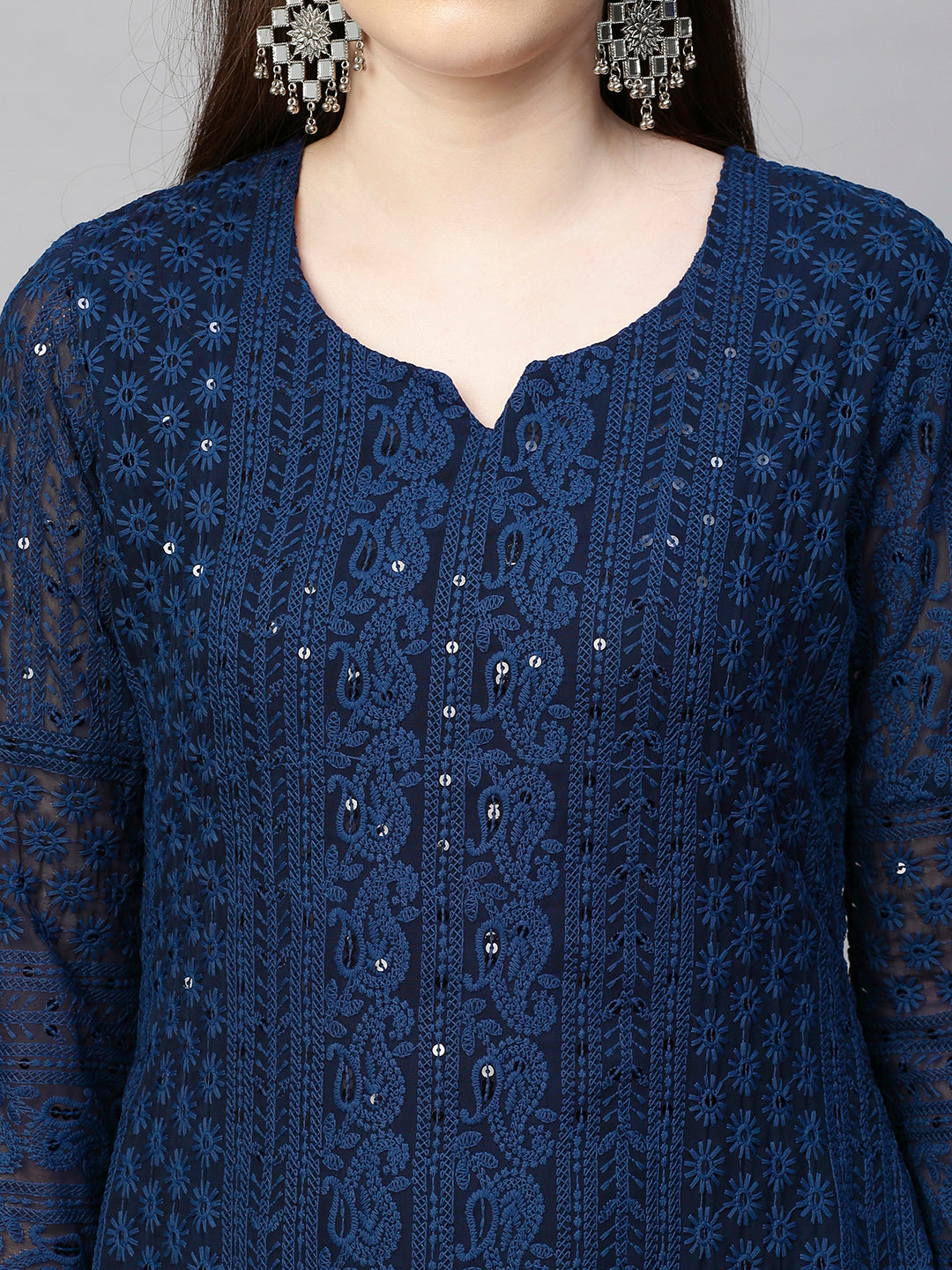 Chikankari Embroidered Straight Kurta - Dark Blue