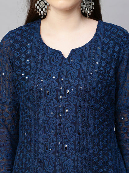 Chikankari Embroidered Straight Kurta - Dark Blue