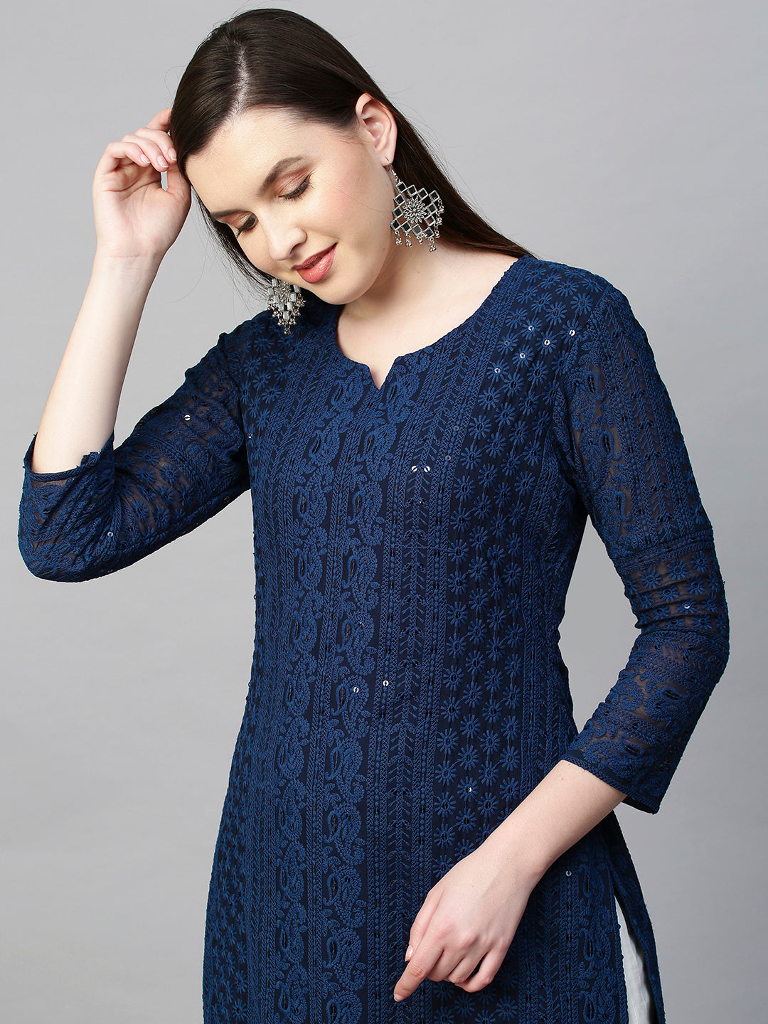 Chikankari Embroidered Straight Kurta - Dark Blue