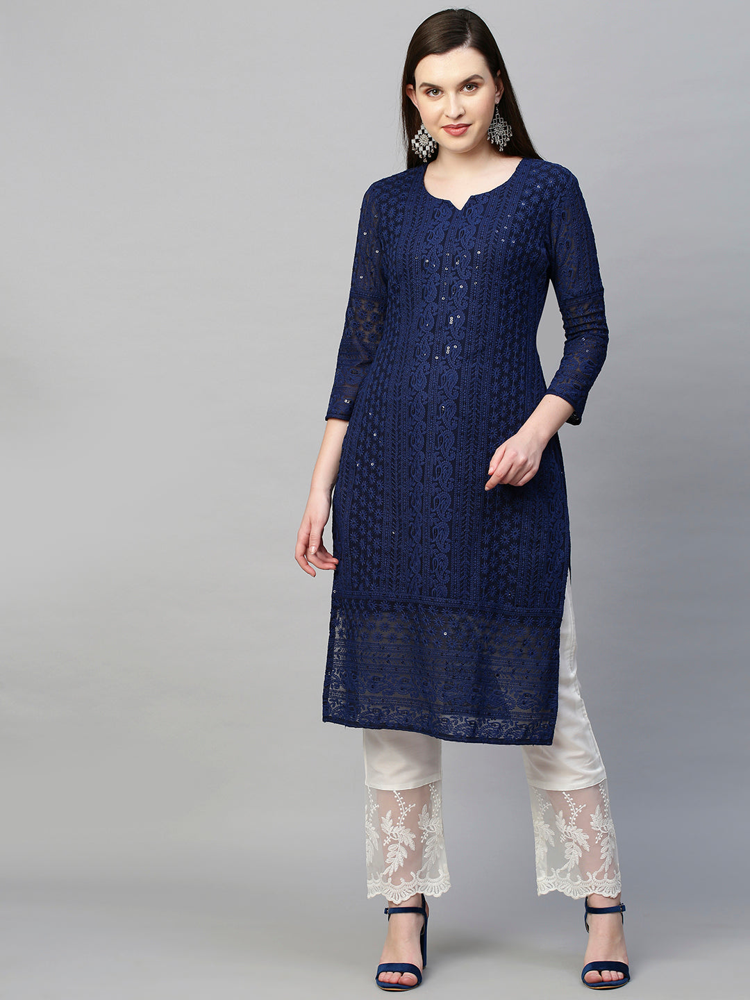 Chikankari Embroidered Straight Kurta - Dark Blue