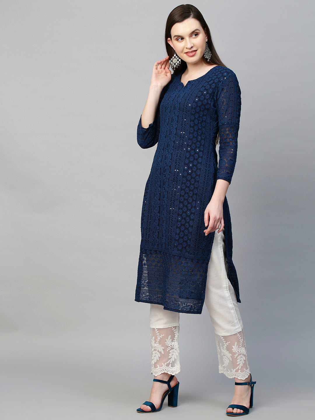Chikankari Embroidered Straight Kurta - Dark Blue