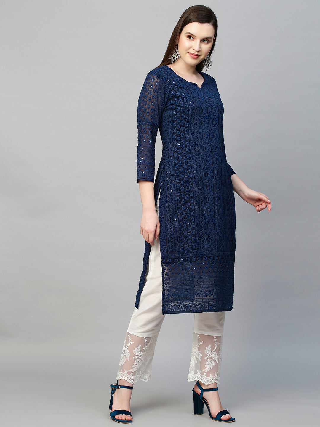 Chikankari Embroidered Straight Kurta - Dark Blue