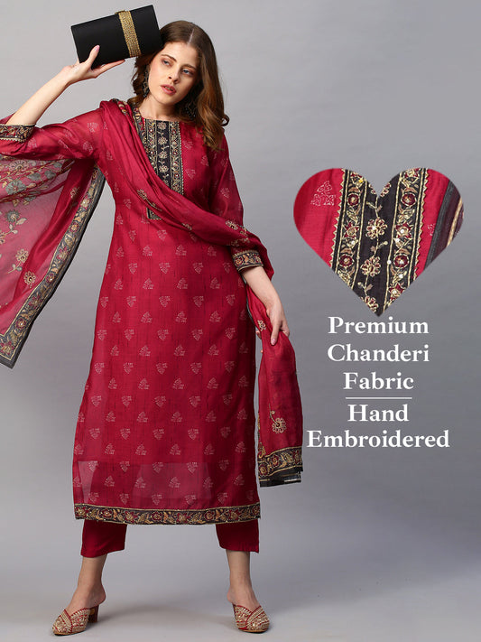 Kantha Hand Embroidered & Printed Kurta with Pants & Dupatta - Cherry Red