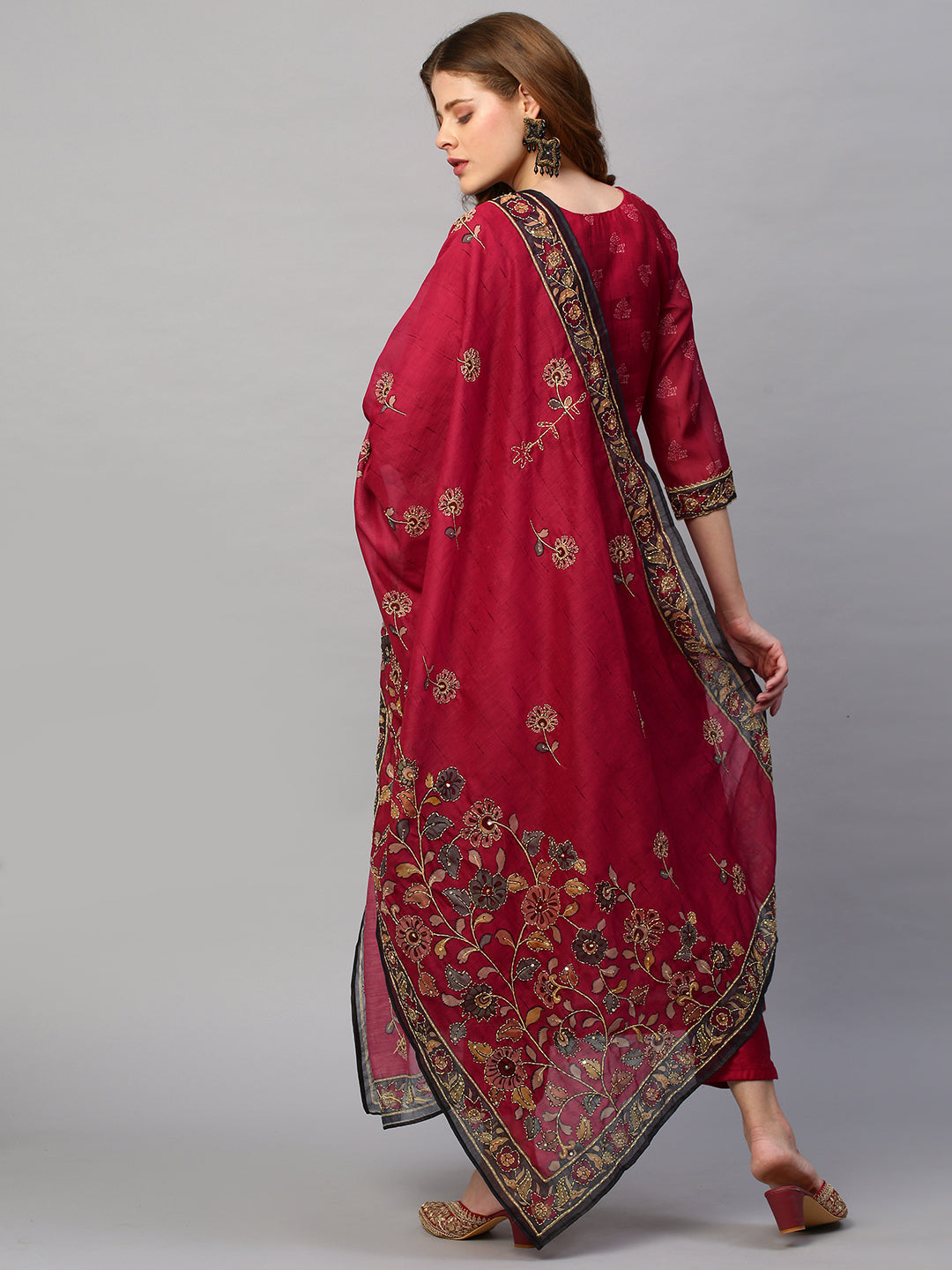 Kantha Hand Embroidered & Printed Kurta with Pants & Dupatta - Cherry Red