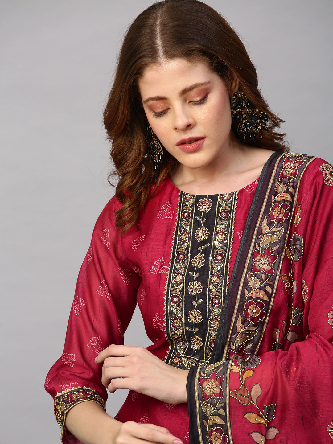Kantha Hand Embroidered & Printed Kurta with Pants & Dupatta - Cherry Red