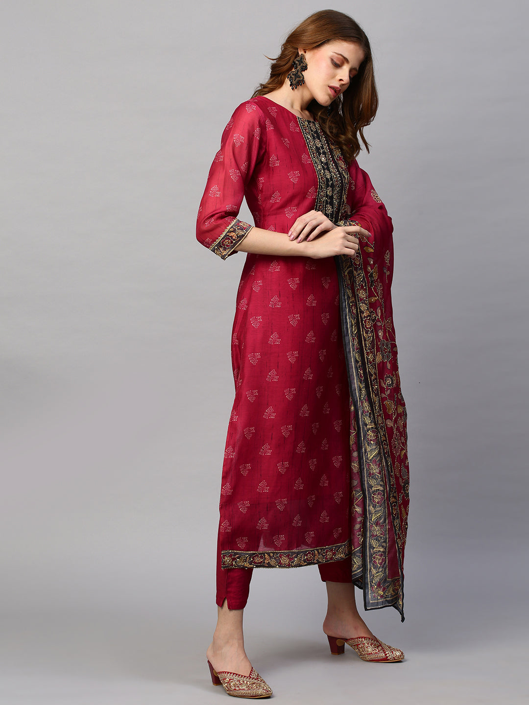 Kantha Hand Embroidered & Printed Kurta with Pants & Dupatta - Cherry Red